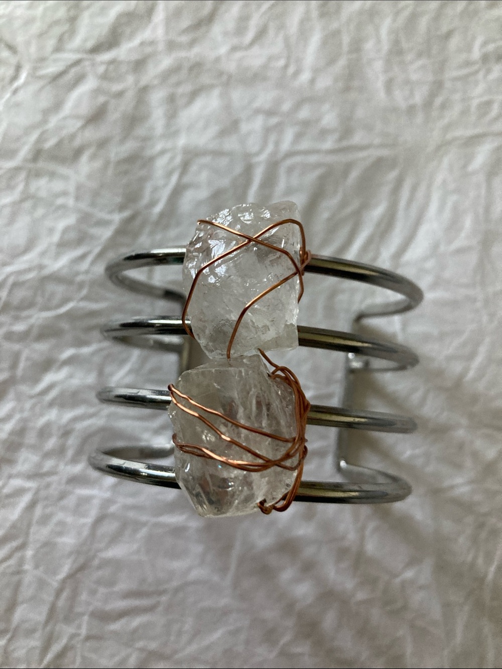 Artisan Silver-Tone Cuff Bracelet with Copper-Wrapped Clear Crystals